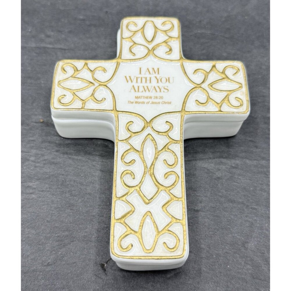 Ceramic Gold & White Cross Trinket Keepsake Box With 4 Small Crosses Inside